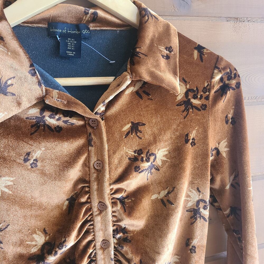 House of Harlow Dress Mini Floral Velvet Bodycon Brown Boho Long Sleeve NWOT XS - Picture 4 of 4